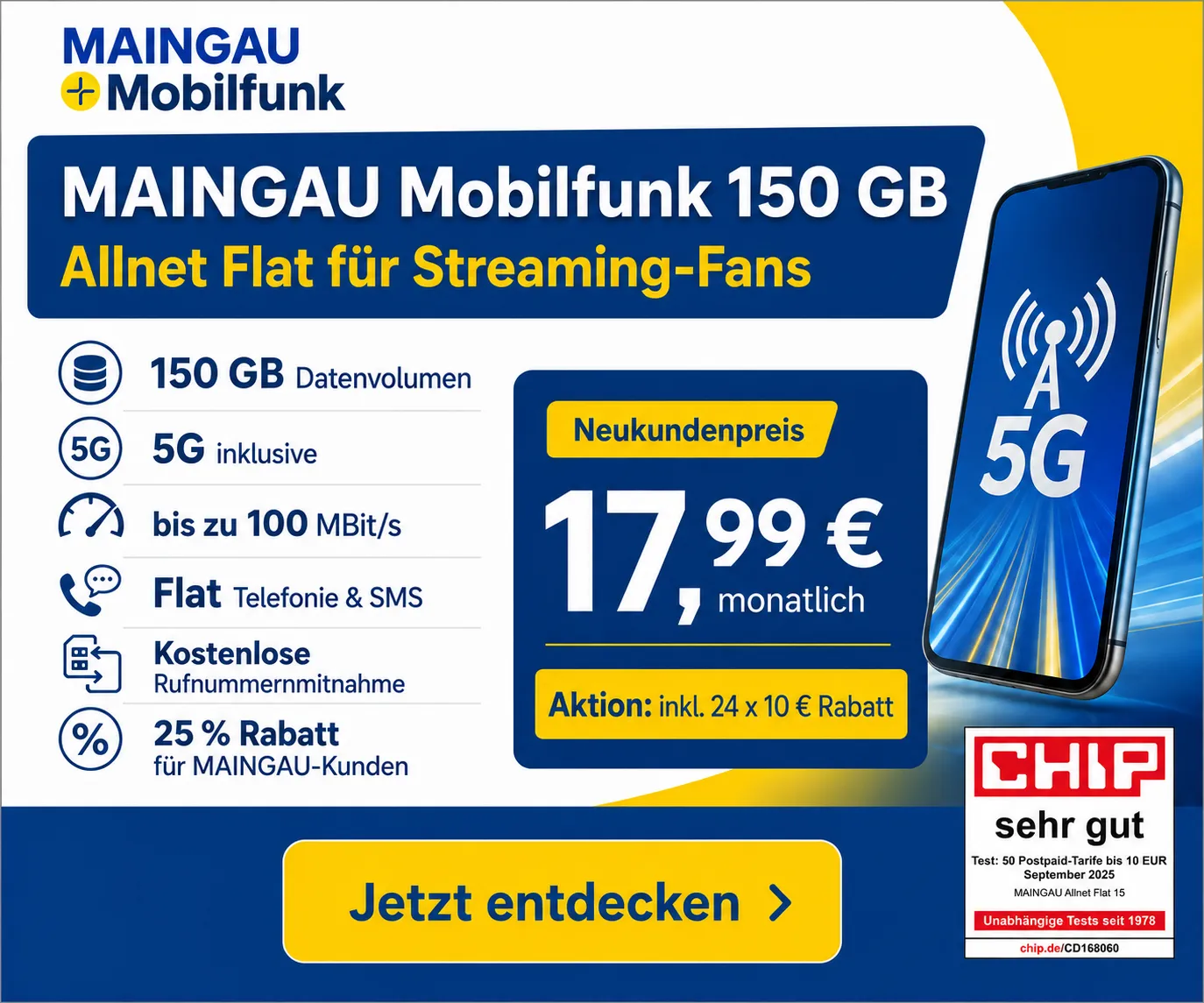 MAINGAU Allnet Flat 150 GB 5G Banner Mobile 300x250