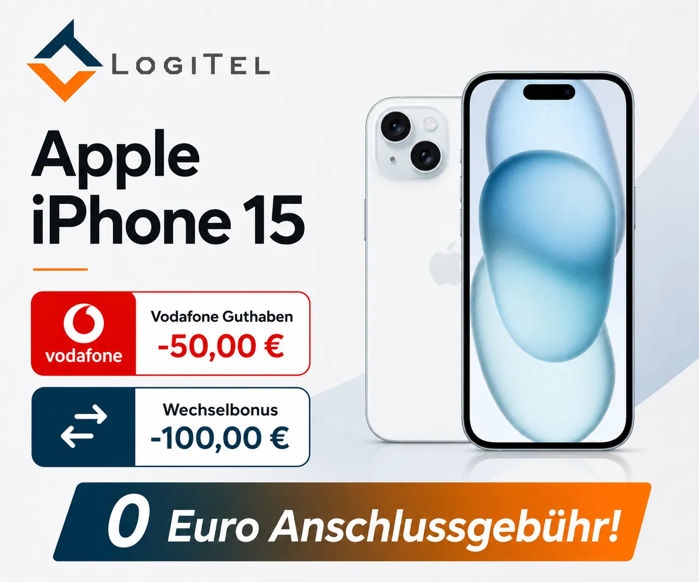 Vodafone LogiTel iPhone 15 Deal mit 150 Euro Bonus Mobile Banner