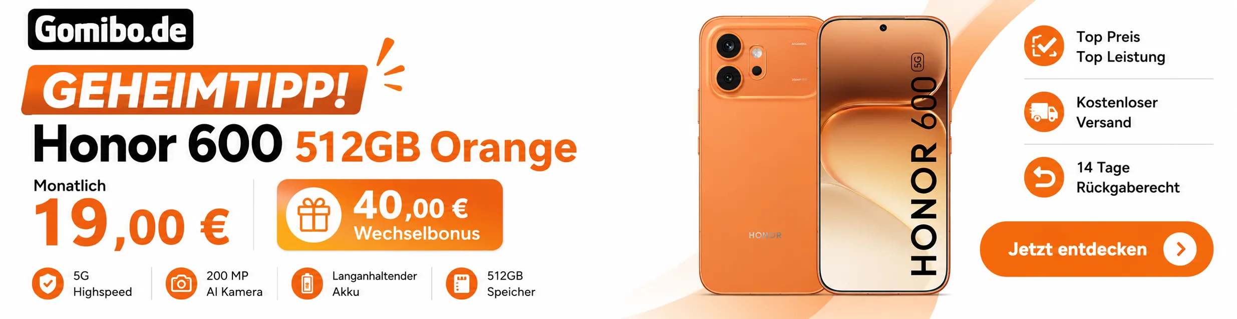 Gomibo congstar HONOR 600 512GB Orange Deal Banner Desktop