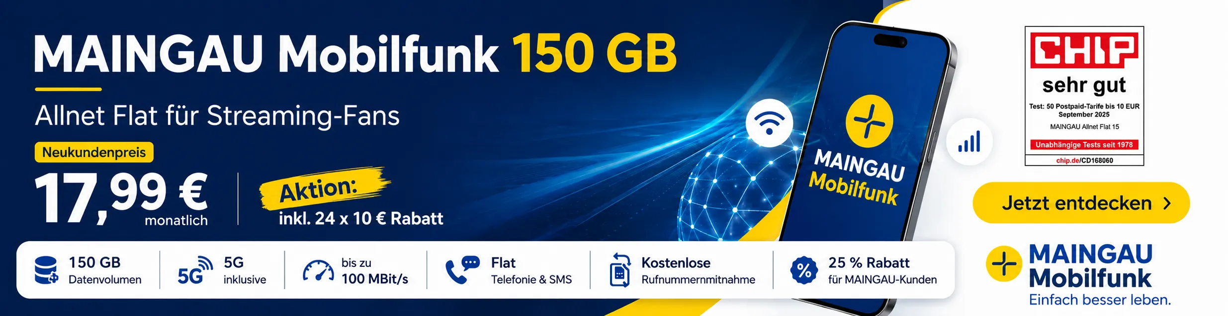 MAINGAU Allnet Flat 150 GB 5G Banner Desktop 970x250