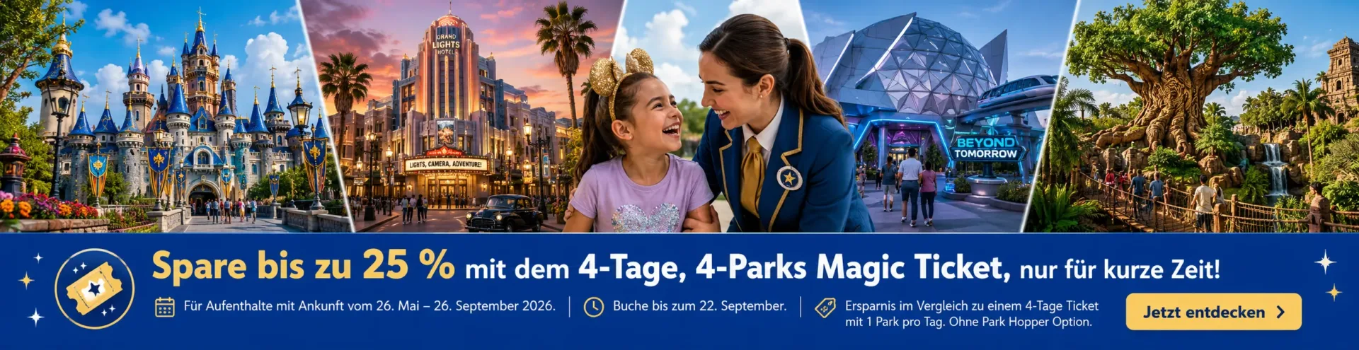 Walt Disney World 4-Tage 4-Parks Magic Ticket mit bis zu 25 Prozent Preisvorteil