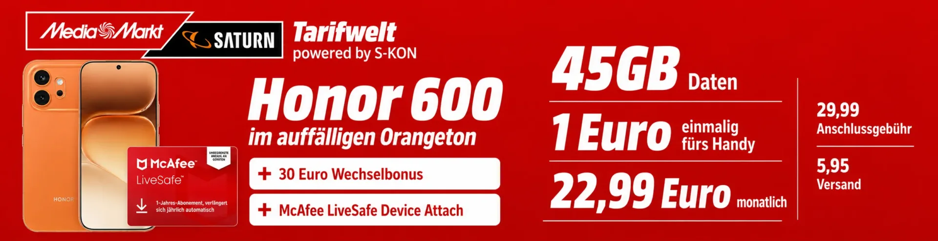 MediaMarkt Honor 600 Deal mit 45 GB 5G und 30 Euro Wechselbonus