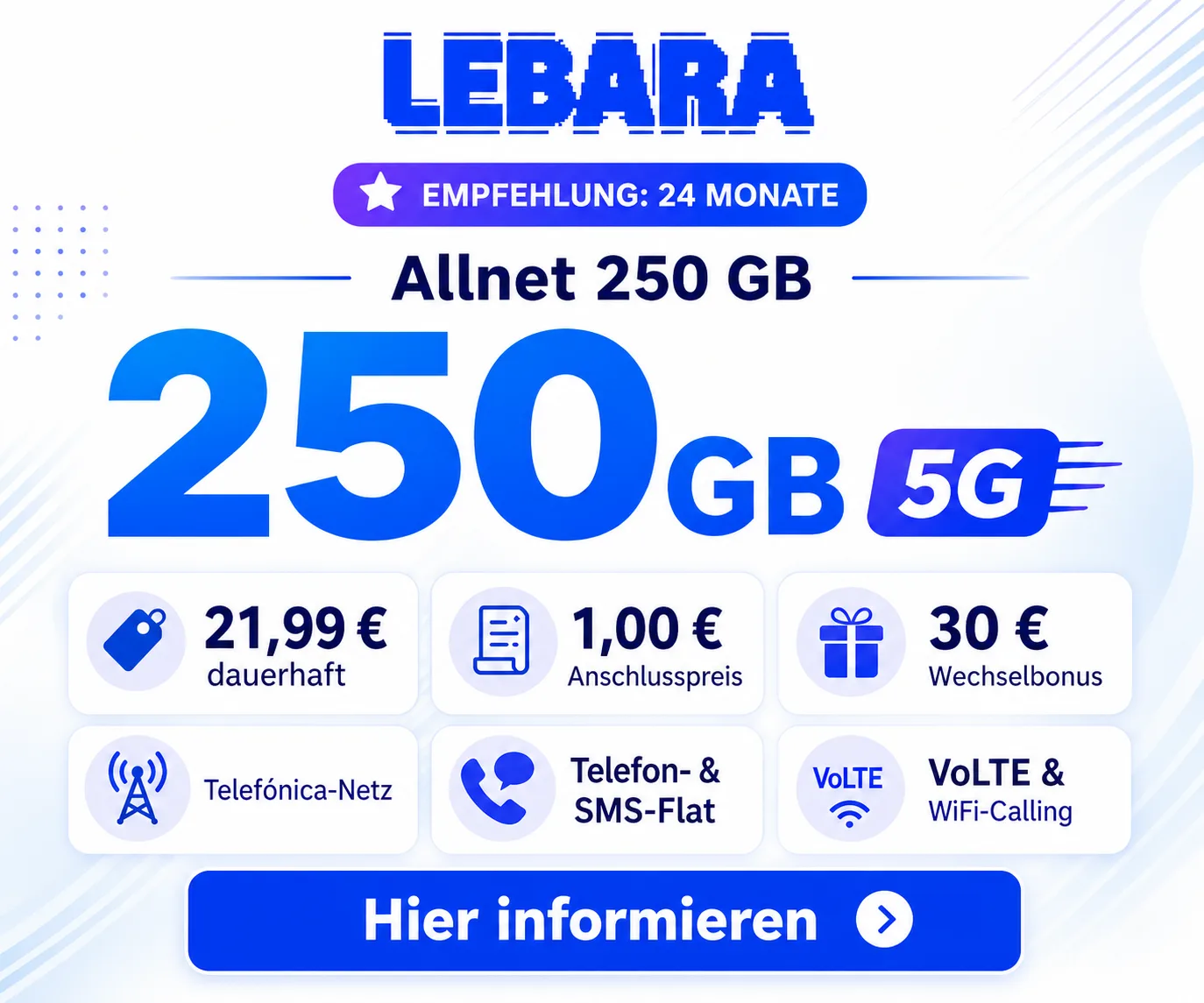 Lebara 250 GB 5G Tarif im Telefónica Netz