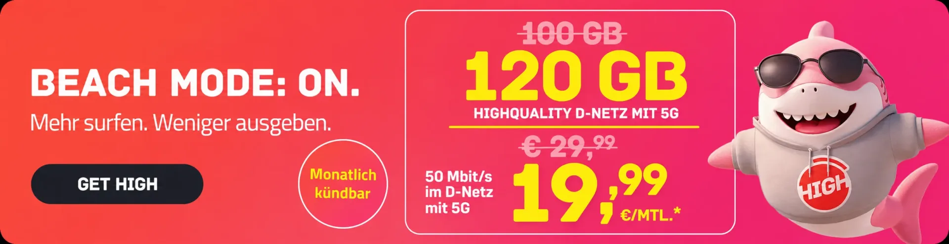 HIGH 120 5G mit 120 GB im Telekom-Netz für 19,99 Euro
