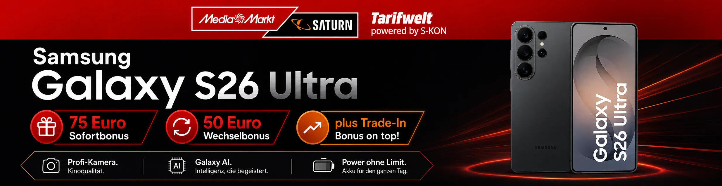 Samsung Galaxy S26 Ultra MediaMarkt Trade-In Aktion mit 75 Euro Sofortbonus und 50 Euro Wechselbonus