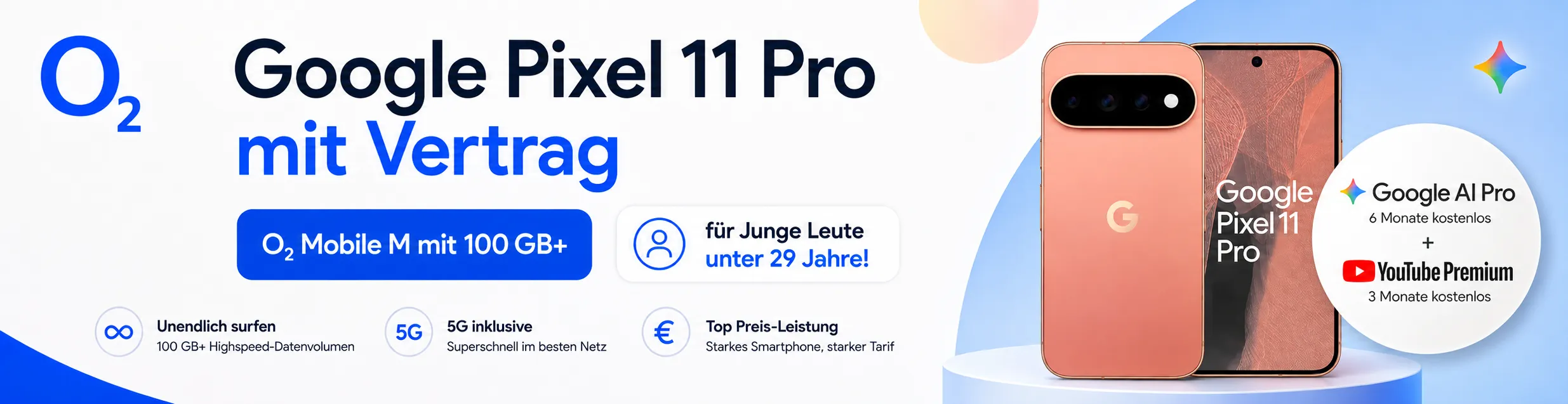 Google Pixel 11 Pro mit O2 Mobile M 100 GB für junge Leute und 300 Euro Tauschprämie
