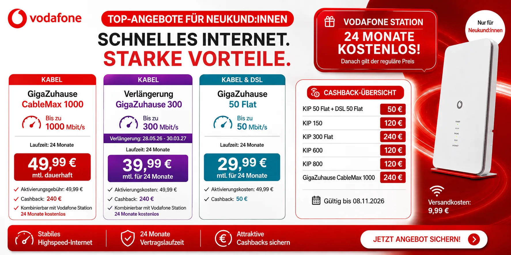 Vodafone Kabel Tarife mit bis zu 240 Euro Cashback und Vodafone Station kostenlos