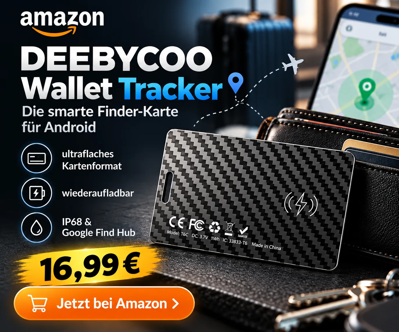 Tracker Karte für Geldbörse und Gepäck mit Google Find Hub