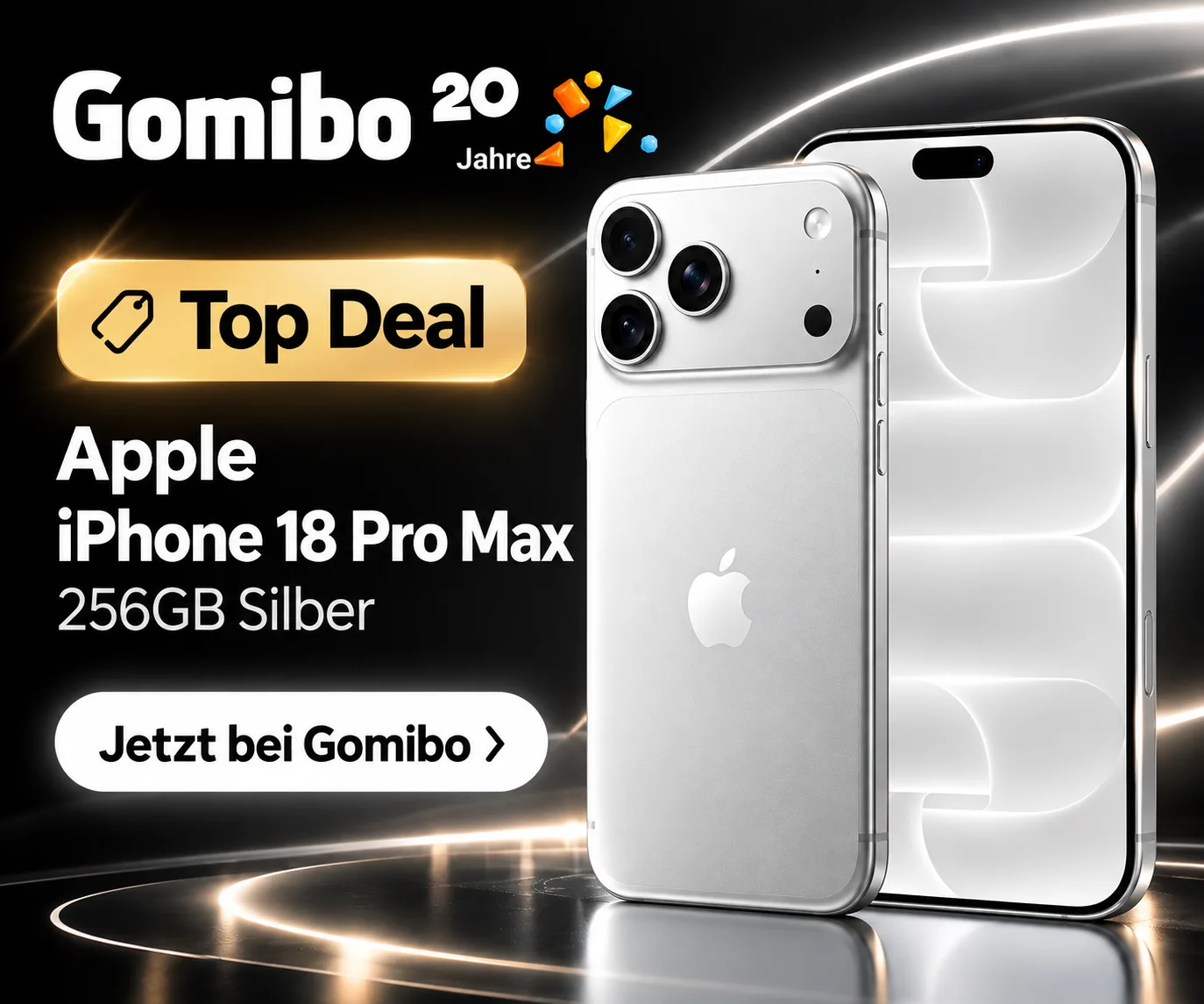 Gomibo-Deal mit Apple iPhone 18 Pro Max in Silber, 70 GB Vodafone 5G und 120 € Startguthaben