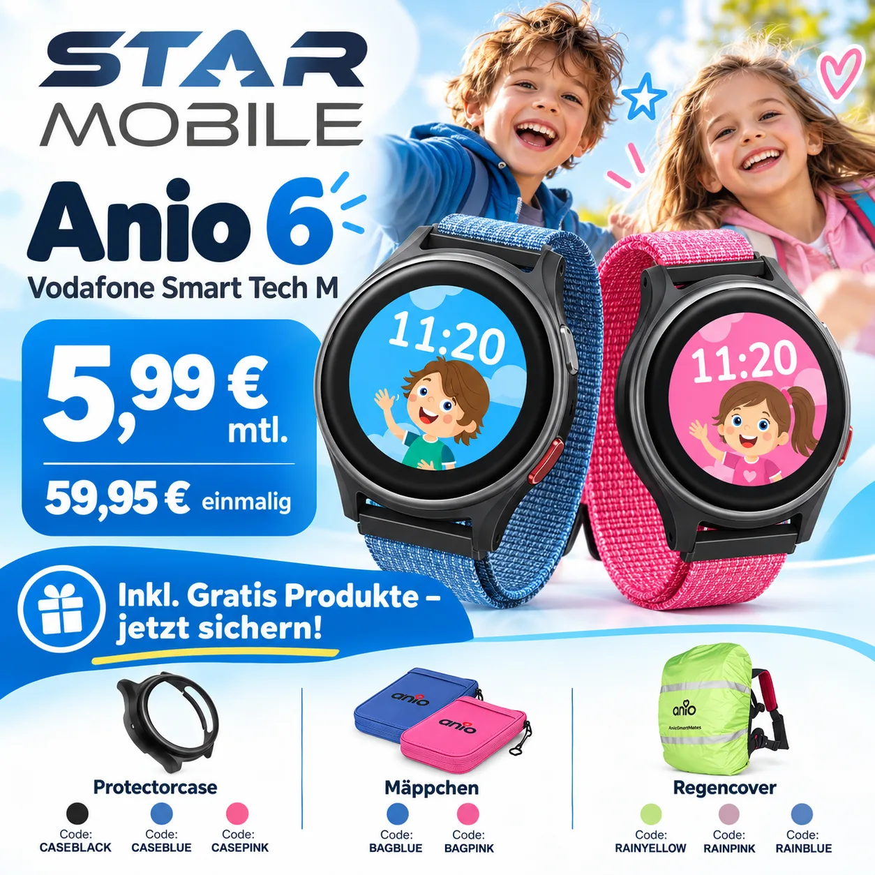 ANIO 6 Kinder-Smartwatch mit Vodafone-Tarif und Gratis-Zubehör bei starmobile