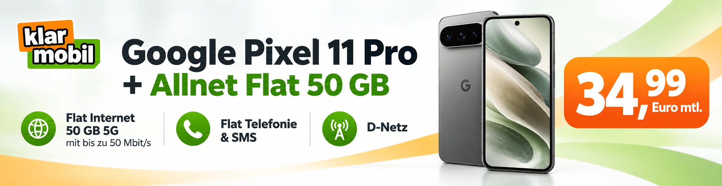Google Pixel 11 Pro mit 50 GB Vertrag bei klarmobil für 34,99 Euro monatlich
